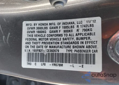 2012 Honda Civic Lx z USA, uszkodzony, nr VIN 19XFB2F55CE392679